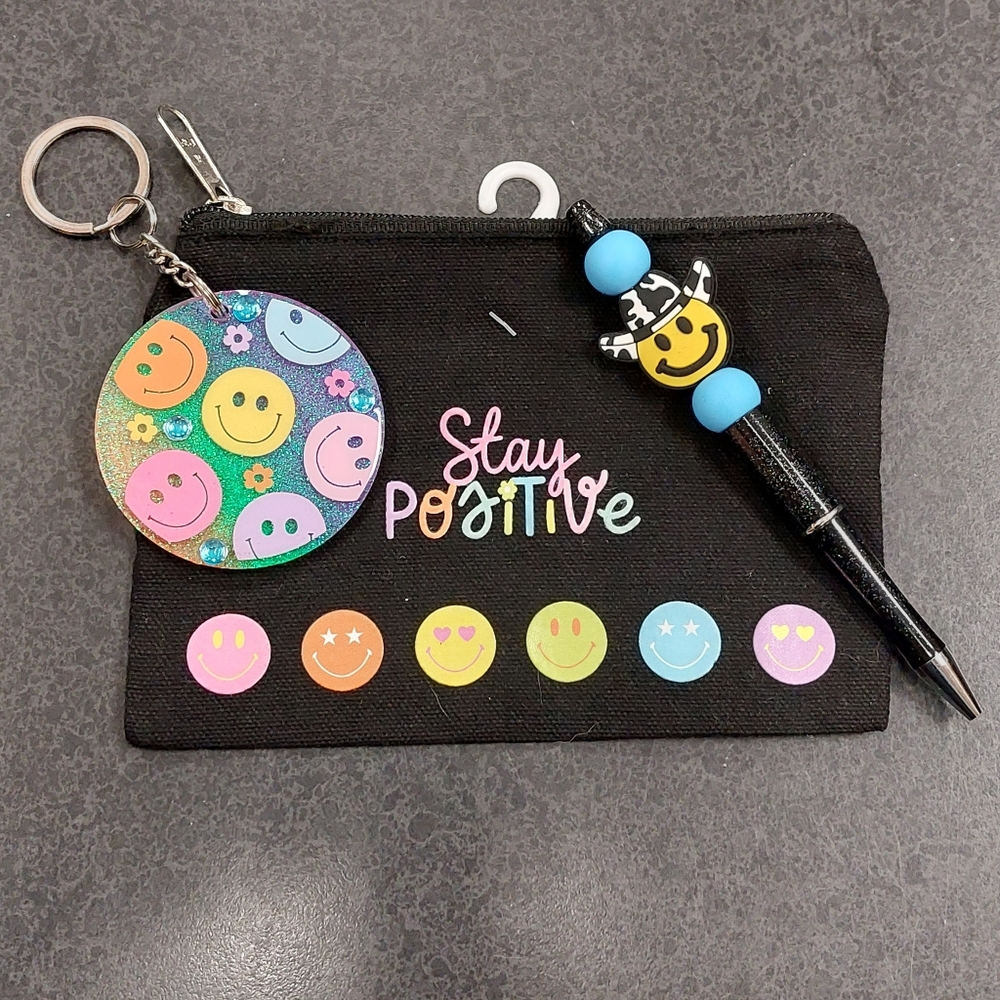 'Stay Positive' Zipper Pouch with Keychain and Pen Bundle 🙂